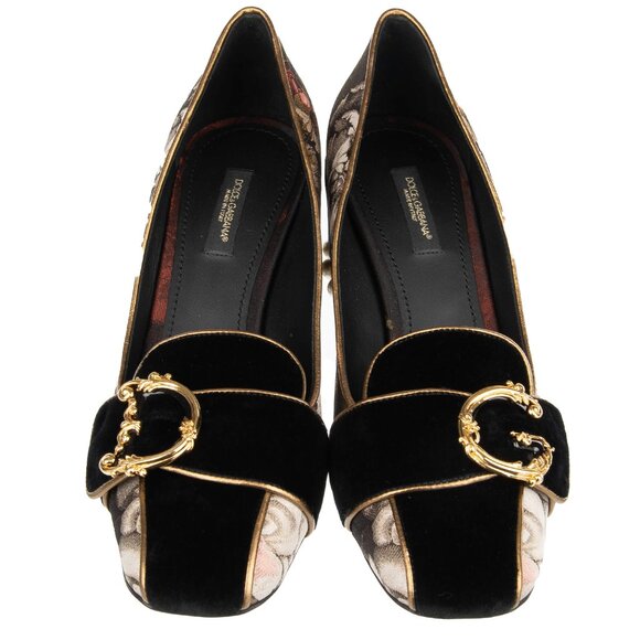 Dolce & Gabbana - DG Golden Baroque Logo Velvet Pearl Heel Pumps JACKIE Black EU - Picture 2 of 5